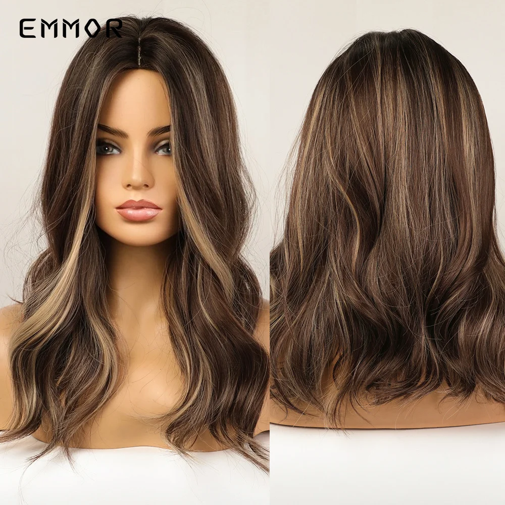 Emmor Women's Synthetic Long Wavy Wigs Brown with Blonde Wigs Natural Wavy Heat Resistant Wig for Afro Women Party Fashion Wigs