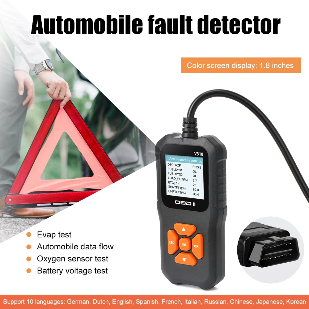 

V318 Auto Diagnostic Tool Scanner Automobile Battery Tester OBD2 Clear The Engine Malfunction Light Mechanic Tools 10 Languages