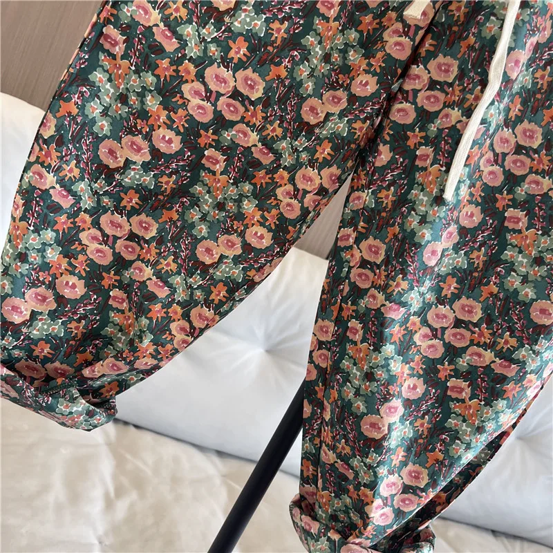 Korean Fashion Cotton Floral Cropped Pants for Women 2023 Summer New Elastic Waist Thin Straight Loose Casual Pants Female