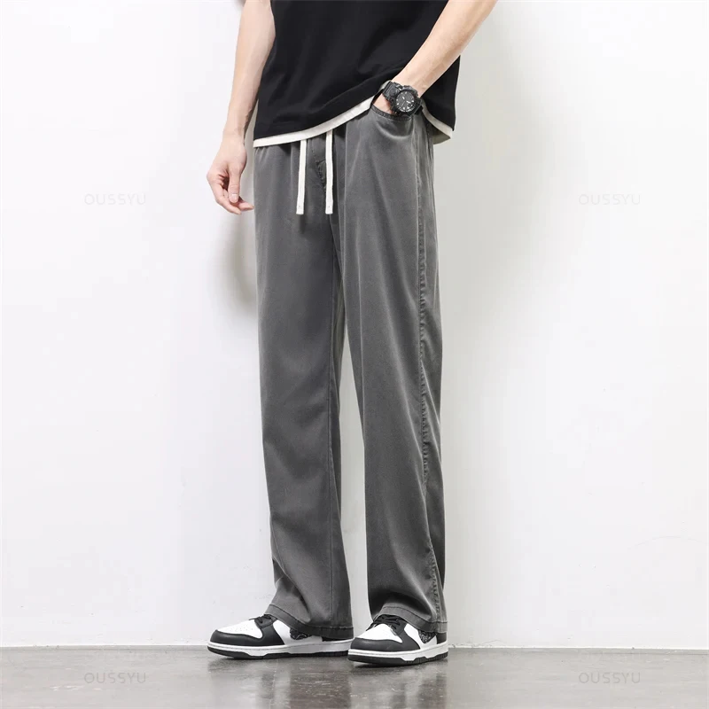 Summer Streetwear Lyocell Fabric Pants Men Stretch Loose Drawstring Elastic Waist Korea Jogger Sports Casual Long Trousers Male casual pants sports pants casual sports pants