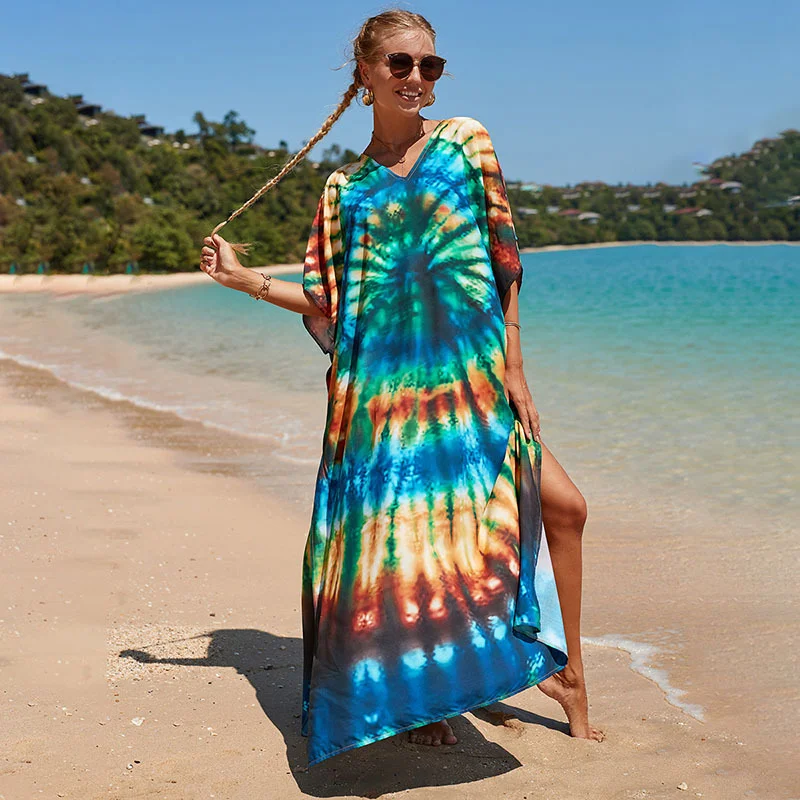 2023 Boho Fashion Print Women's Swimsuit Cover Up Summer Outing Sexy Bikini Wrap Beach Dress Beachwear Kimono Pareo Kaftan