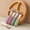 2PCS Baby Silicone Stainless Steel Fork Spoon Portable Baby Tableware Feeding Training Baby Utensils Solid Color Baby Stuff 2
