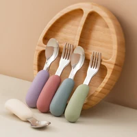 2PCS Baby Silicone Stainless Steel Fork Spoon Portable Baby Tableware Feeding Training Baby Utensils Solid Color Baby Stuff 2
