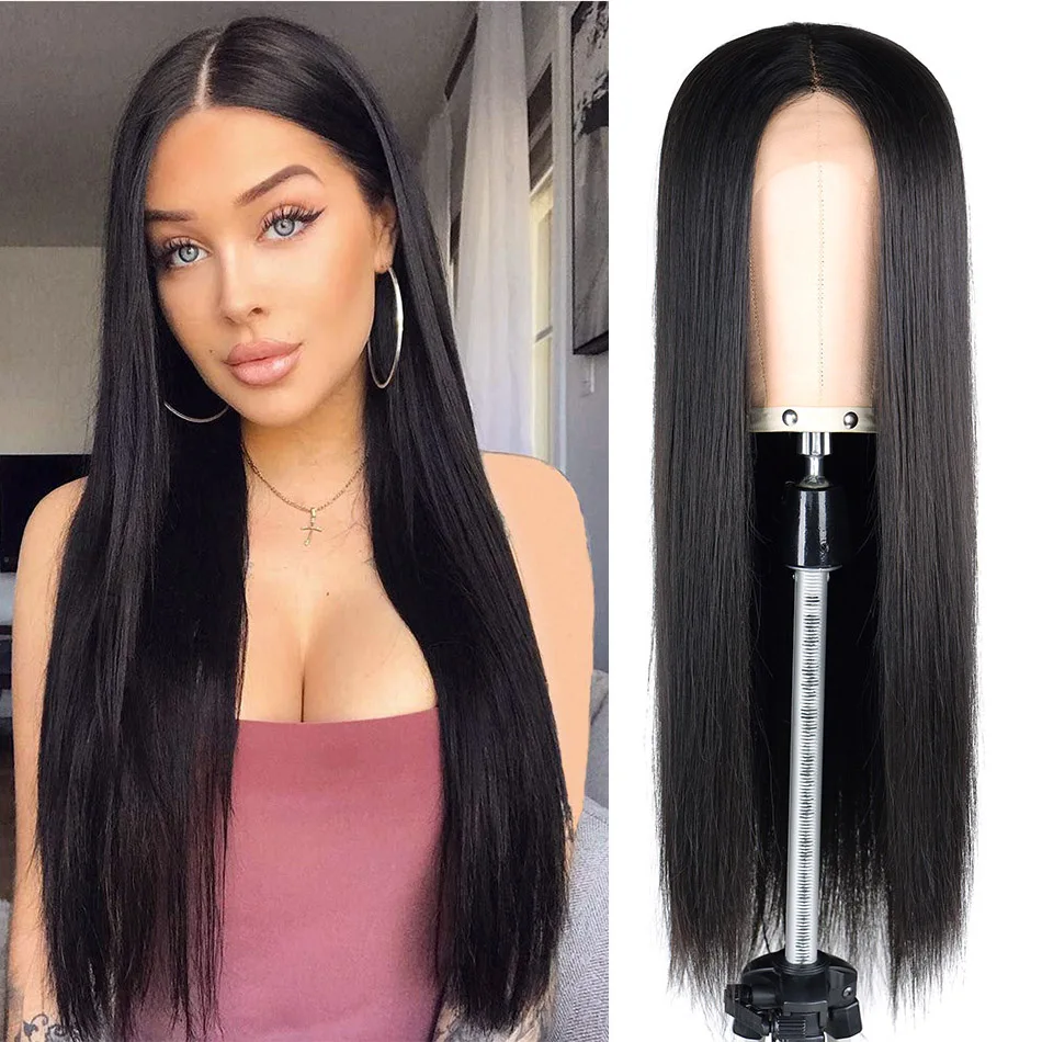 

Straight Synthetic Lace Front Wig 28inch Middle T Part Wig Natural Color Black Wigs Smooth Silky Hair Extension For All of Women