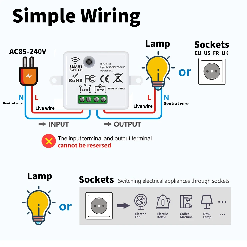 Interruttore Telecomandato Wireless RF 433MHz, Mini Controller per Casa 110V 220V 10A, Interruttore per Luci Domestiche - immagine 3