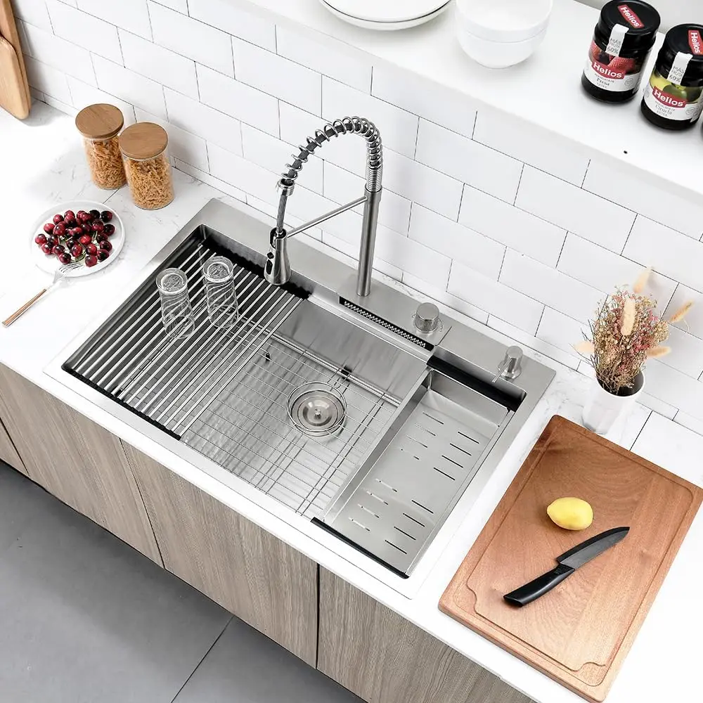 33x22 Drop in Kitchen Sink with Waterfall Faucet Single Bowl 16 Gauge Stainl 2