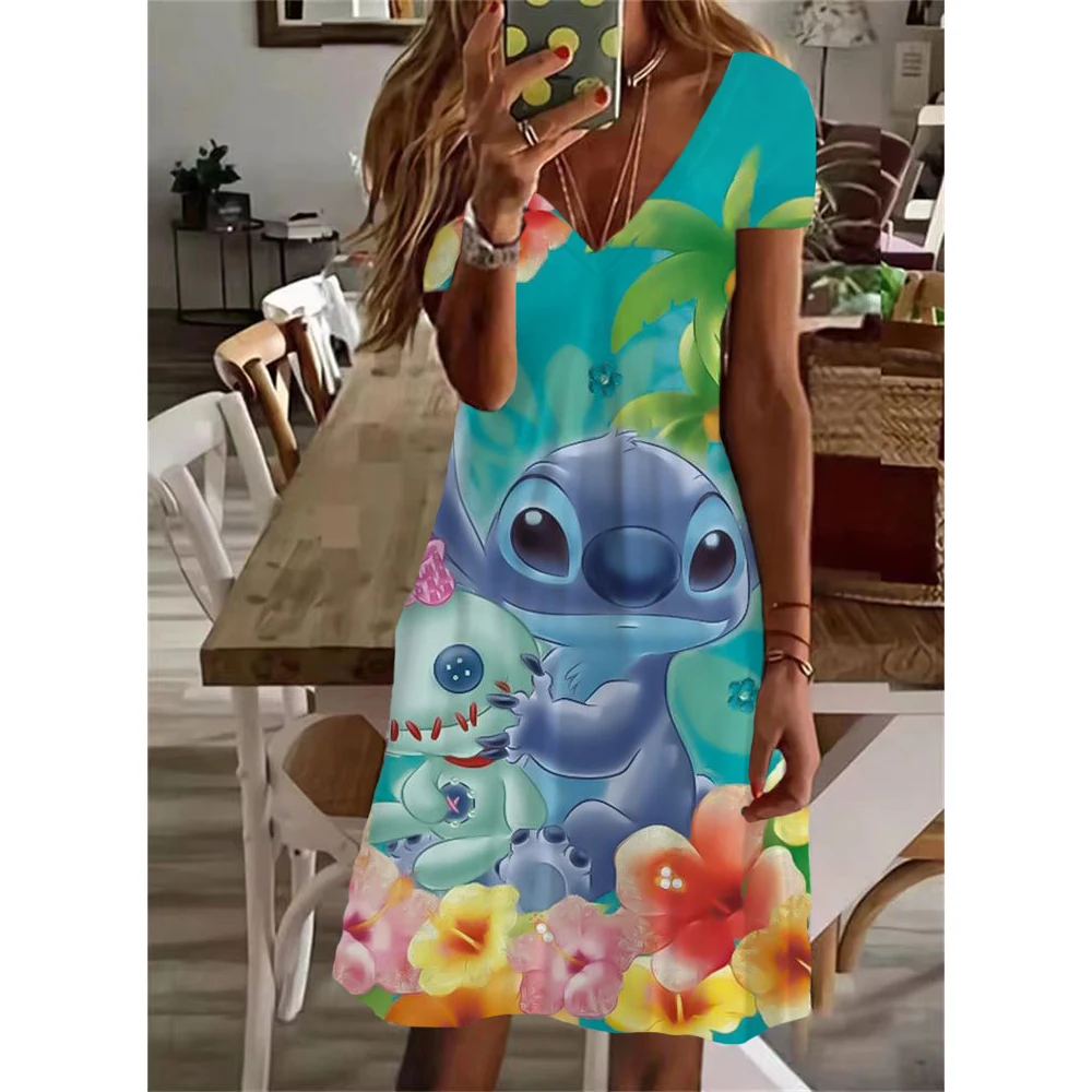 thumbnail image 1 of Vestido elegante informal con cuello en V y largo hasta la rodilla con estampado de Lilo y Stitch de Disney para mujer de verano Y2K 2024, 1 of 5