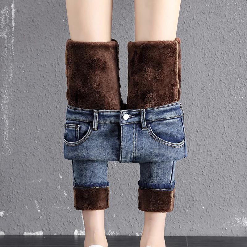 

Women High Waist Warm Thickening Jeans Winter Fleece Denim Pencil Pants Y2K Skinny Stretch Velvet Jean Mujer Denim Trousers 9219