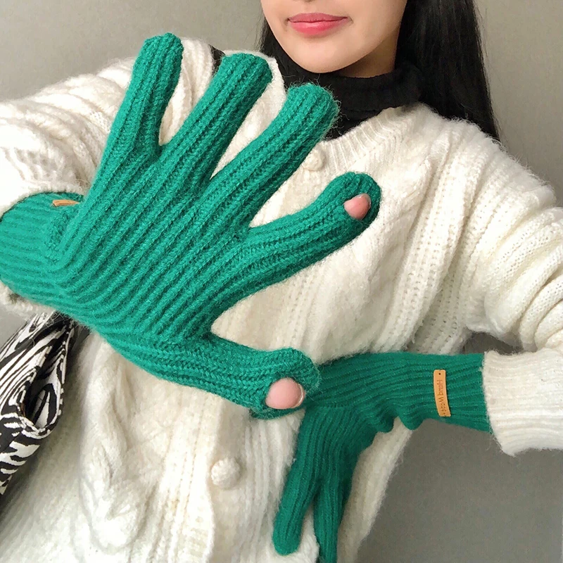 

Soild Color Knitted Woolen Gloves Women Winter Touchscreen Student Riding Split Finger Thick Warm Gloves Couple Christmas Gift