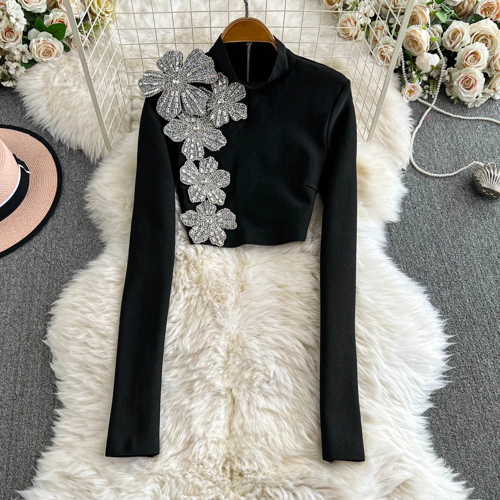 TWOTWINSTYLE Solid Spliced Diamonds Two Piece Set For Women O Neck Long Sleeve Top High Waist Slim Skirt Sets Female KSE517939 3