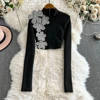 TWOTWINSTYLE Solid Spliced Diamonds Two Piece Set For Women O Neck Long Sleeve Top High Waist Slim Skirt Sets Female KSE517939 3
