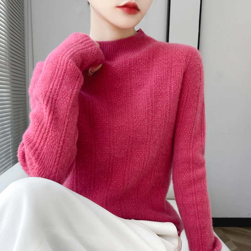 

100% Pure Wool Women's Pullover Winter 2023 Warm Long Sleeve Y2k Korea Fashion Mock Neck Cashmere Sweaters Solid Knitwear Jumper