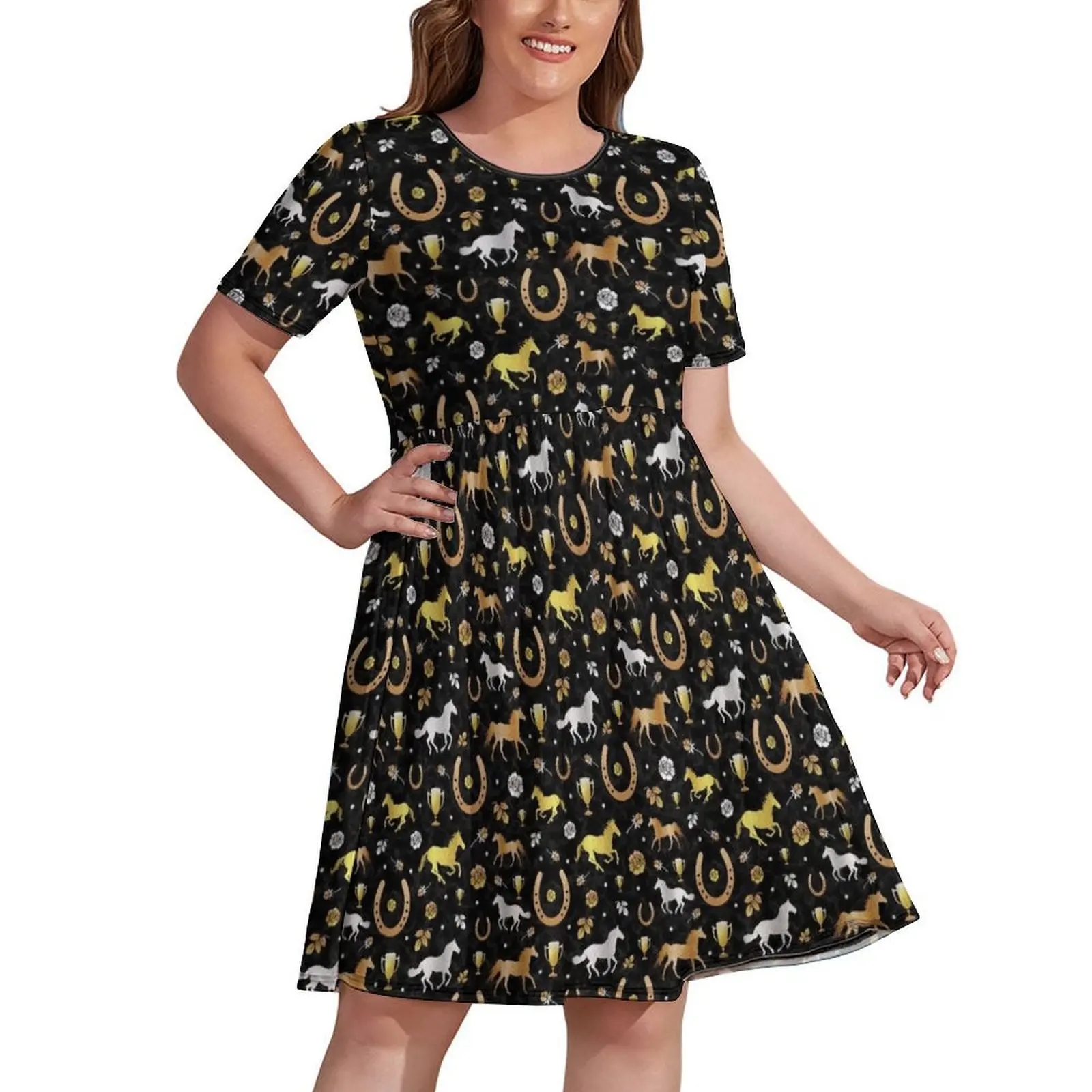 

Horse Racing Derby Day Party Black Gold Pattern Dress women's elegant loose dresses Women's long dress