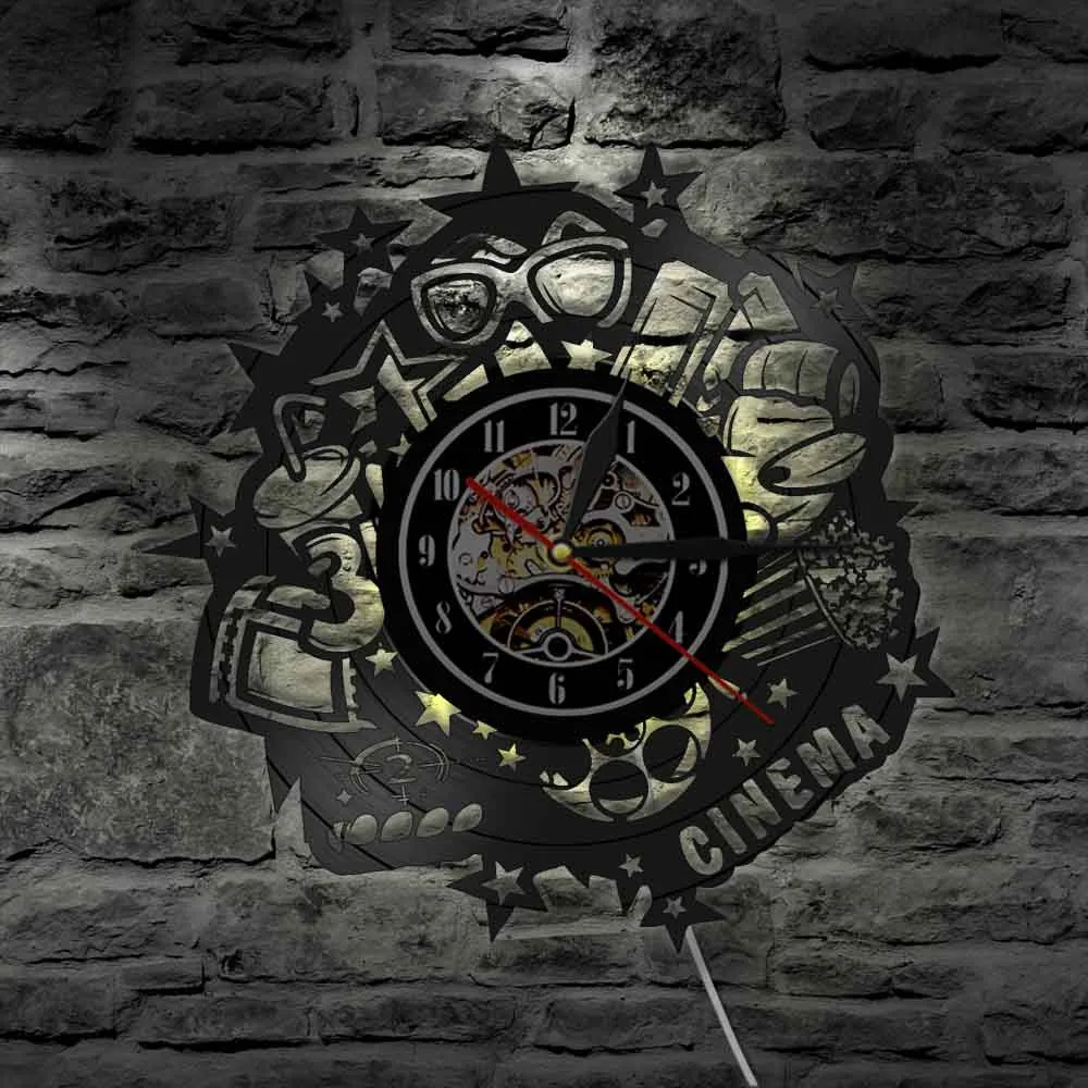 Cinema Sign Orologio Da Parete Cinema Ora Che Mostra Orologio Da Parete Con Registrazione In Vinile Vintage Pop Corn Drinks 3D Glass Home Cinema Movie
