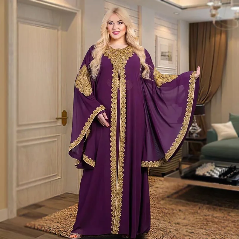 Abaya Dubai Luxury Dresses for Women Church Elegant Muslim Morocco Sleeves Robe Embroidered Gold Lace Evening Dress Suit Ramadan