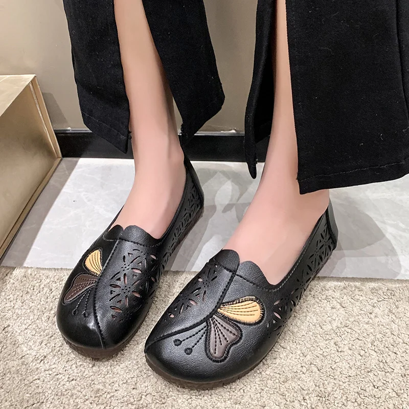 Female Handmade Leather Slip on Loafers Women Shallow Hollow Breathable Summer Flat Shoes Woman  Footwear 2023 New