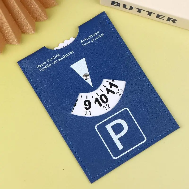 Blaue PU-Leder-Parkscheibe, 4-sprachige Version, langlebiger und wasserbeständiger Ankunftstimer für das Auto – universelles europäisches Design – Detail 3