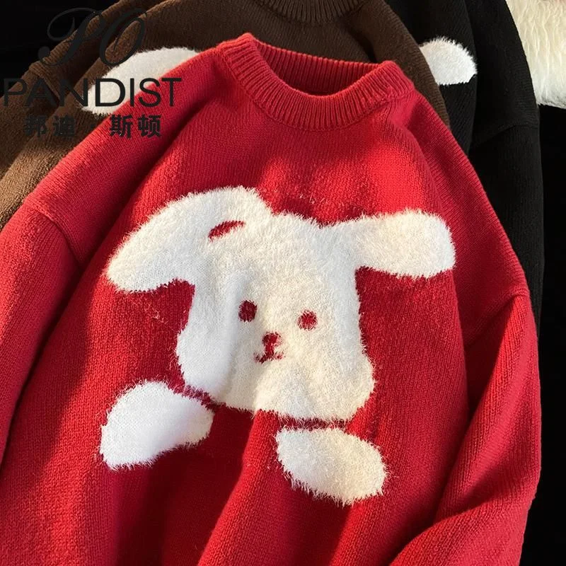 

2022 Japanese Harajuku Retro Fleece Rabbit Embroidery Sweater Unisex Oversized Thicken Winter Kawaii Clothes Streetwear Pullover