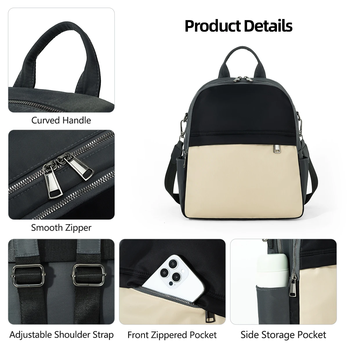 2025 New High-End Versatile Student Backpack for Class, Simple Solid Color Oxford Cloth Color-Blocking Trendy Versatile Backpack for Women Commuting to Work