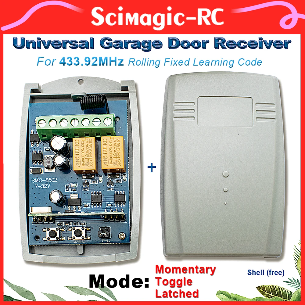 Universal 433.92 MHz Garage Door Remote Control Receiver 2 CH Controller AC DC 7-32V 220V Garage Gate Door Switch