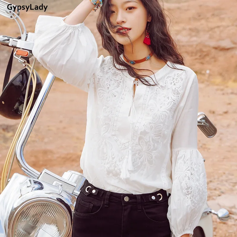 GypsyLady Silk White Embroidery Blouse Shirt 2 Piece Set Lace