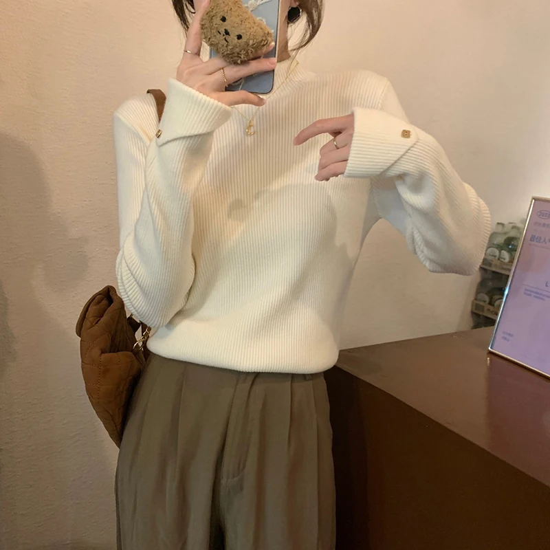 

Autumn and Winter Half Turtleneck Loose Solid Color Pullover Sweater Long Sleeve Women's Knitted Bottoming Tops Chic