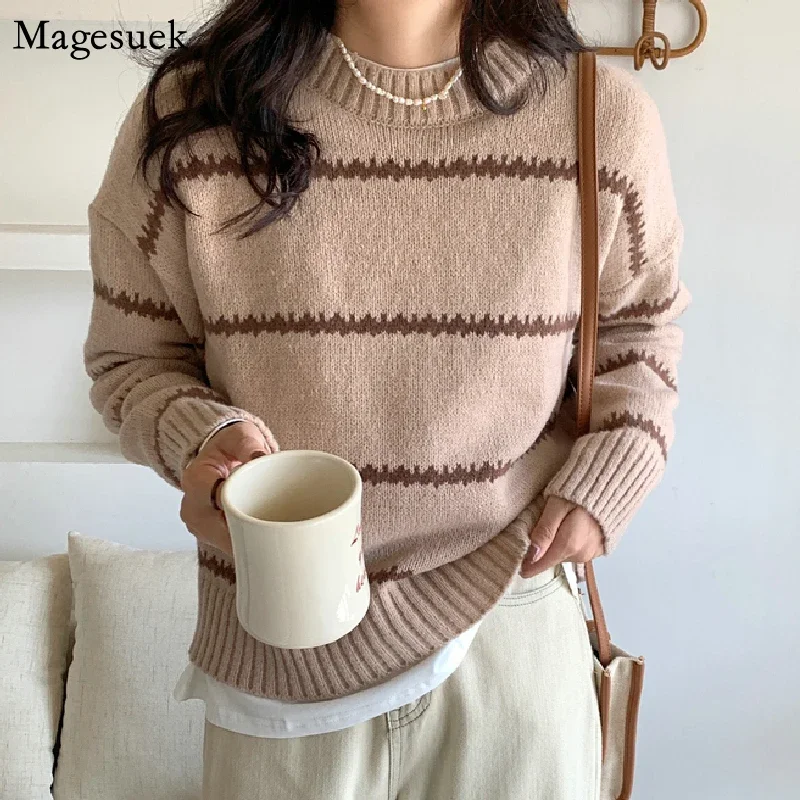 

Модный Новый Свободный пуловер, женский свитер, зимний полосатый свитер с длинным рукавом, корейские Повседневные свитера с круглым вырезом для женщин, женский свитер 17841