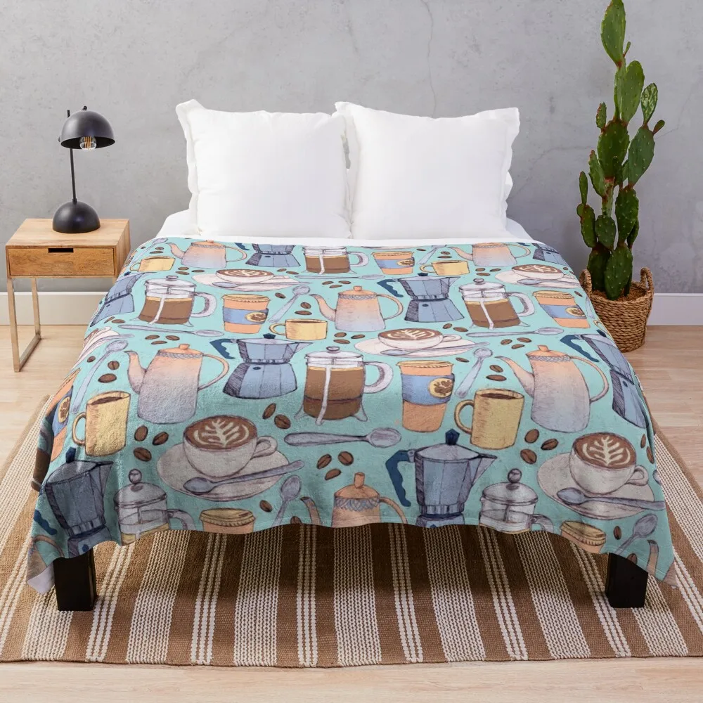 Coffee Love on Blue Throw Blanket Hairys Heavy Blankets