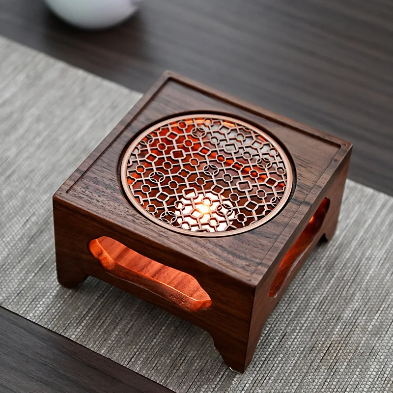 Zen Walnut Four-Legged Tea Stove, Handmade Solid Wood Heating Base, Chinese-Style Tea Cooker for Aromatherapy and Ceremony