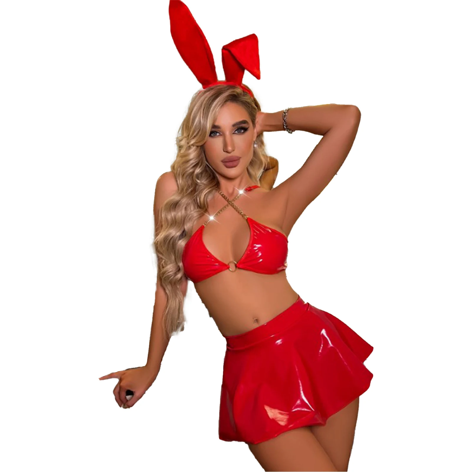 

Женский сексуальный костюм кролика для косплея, Женский костюм с мокрым внешним видом, головной убор, платье для клуба