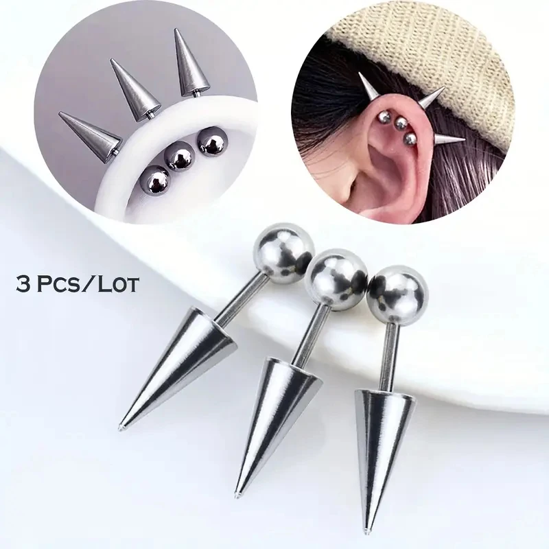 3pcs Punk Rock Stainless Steel Spike Helix Stud Earrings for Men Women
