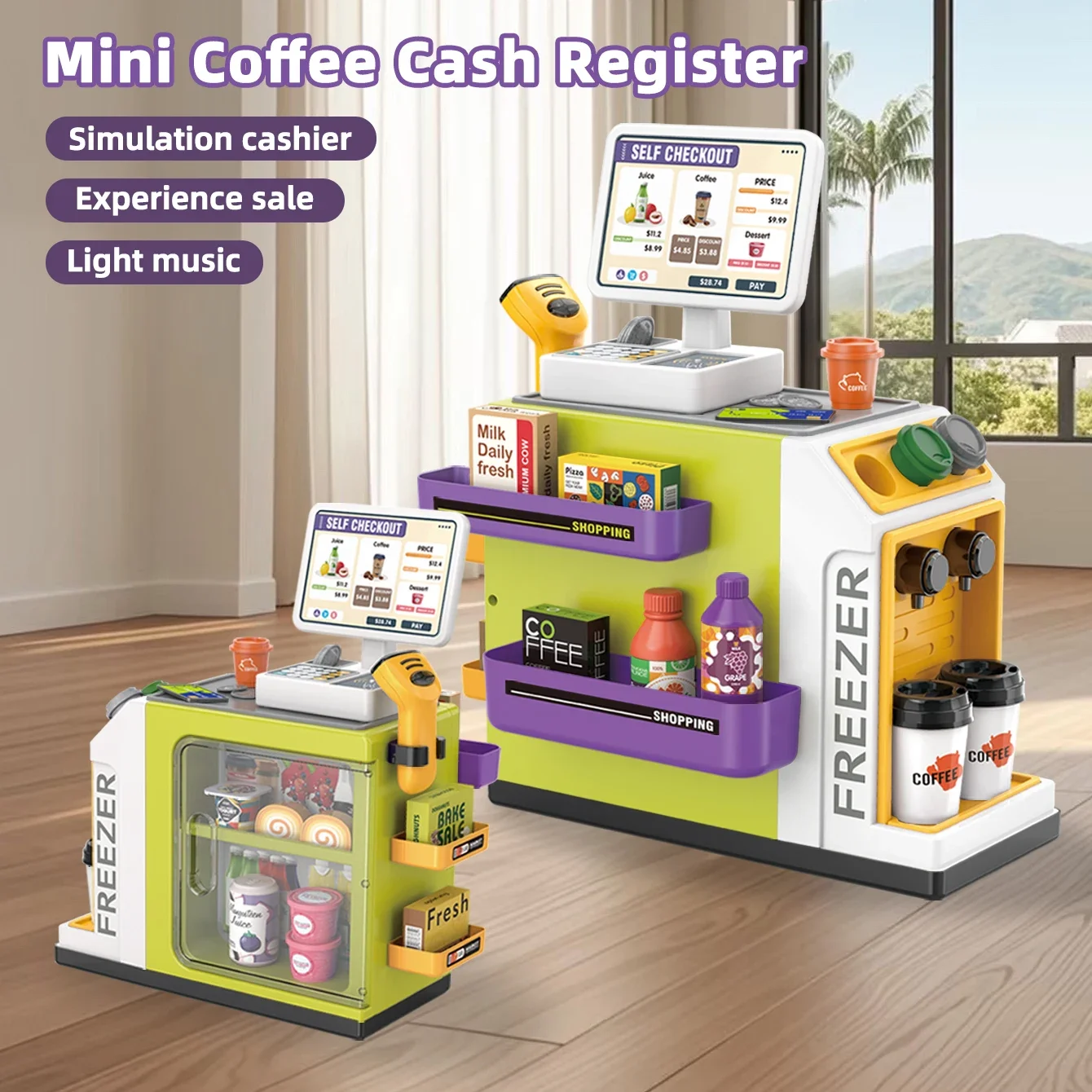 Coffee Machine Toy Shopping Cash Register Set Grocery Market Toys Simulation Food Drink Coffee Cake Pretend Play Toys for Kids
