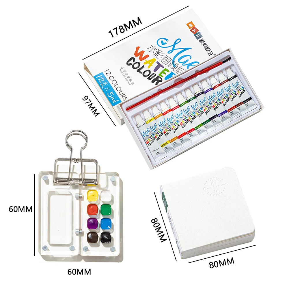 Mini Portable Watercolor Palette Set Watercolor Sketch Book With Binder Clip Brush Acrylic Grid Paint Box