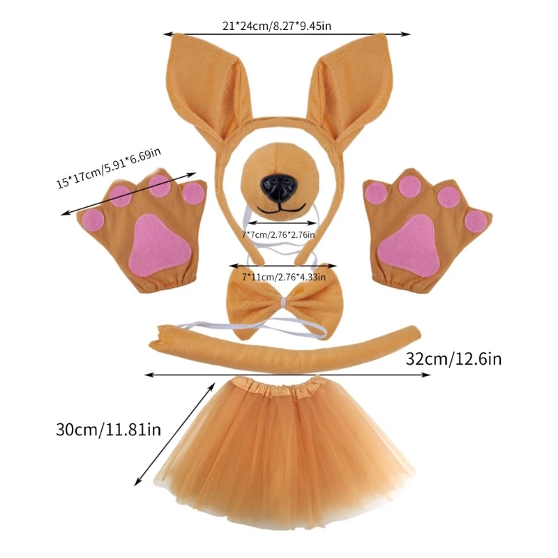 Kangaroos Costume Set Kangaroos Ear Headbands Tail Snout Glove Animal Cosplays Costume for Halloween Christmas Party