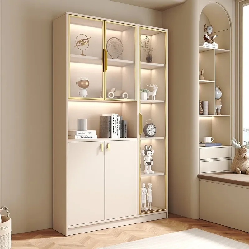 Modern simple bookcase with glass door dust-proof luxury living room display cabinet home locker bookshelf cream wind