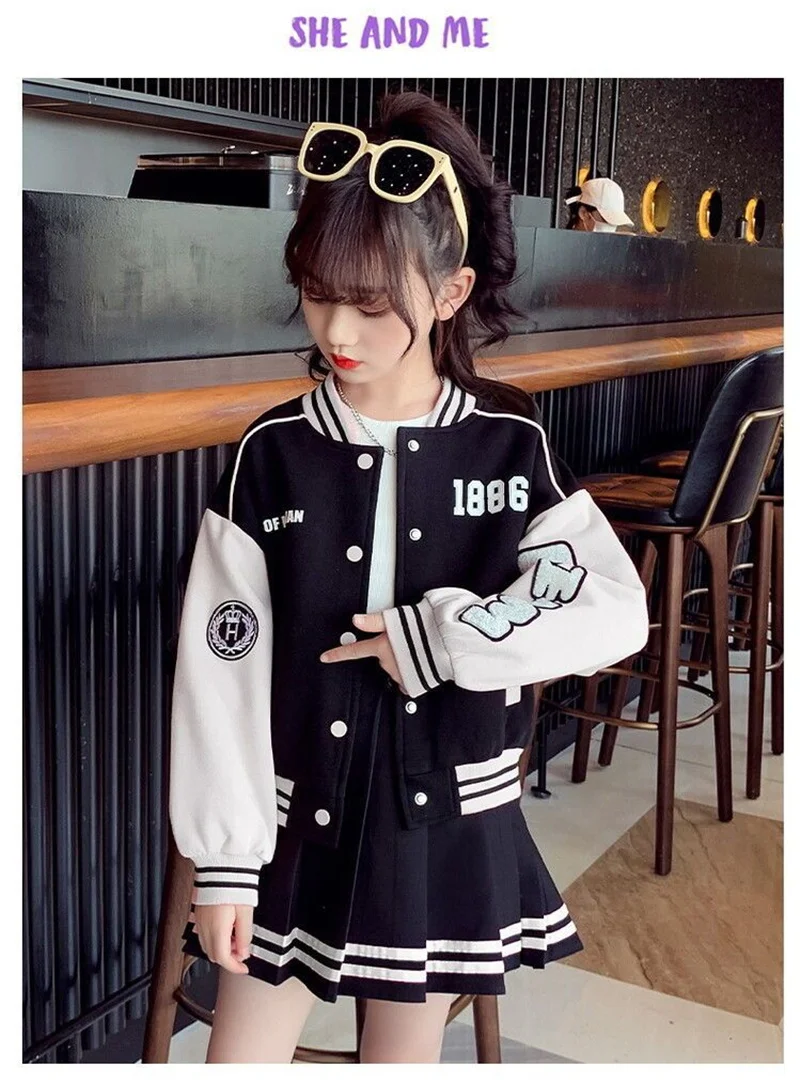 Girls Student Uniform Sets Spring Autumn Kids Baseball Sports Suit Children Jacket Pleated Skirt 2Pcs Fashion Clothing Outfits - 3