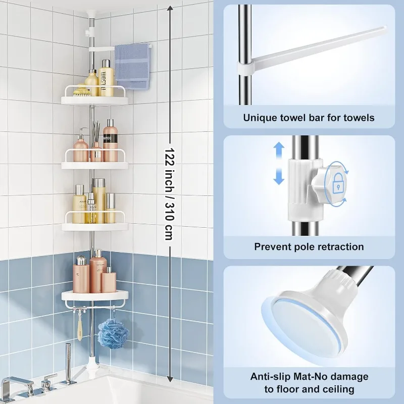 Corner Shower Caddy Tension Pole: Rust Proof 4Tier Shampoo Storage Organizer  for Inside Shower - Telescoping Rod Shower - AliExpress