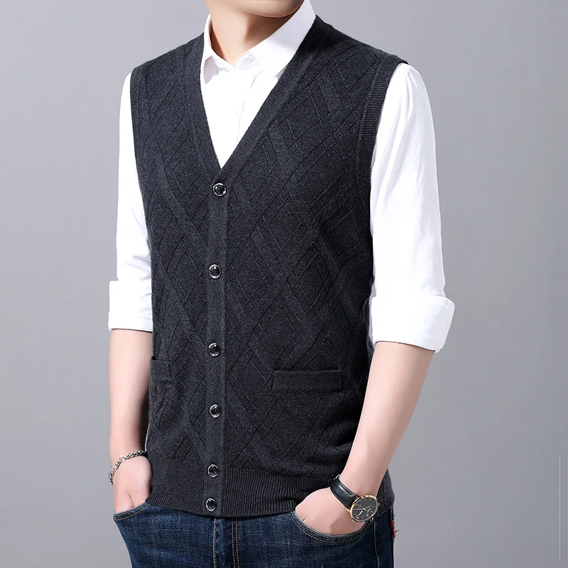 6% Wool Fashion Sleeveless Sweater For Mens Cardigan V Neck Slim Fit Jumpers Knitwear Warm Autumn Vest Casual Clothing Male_voghion.com