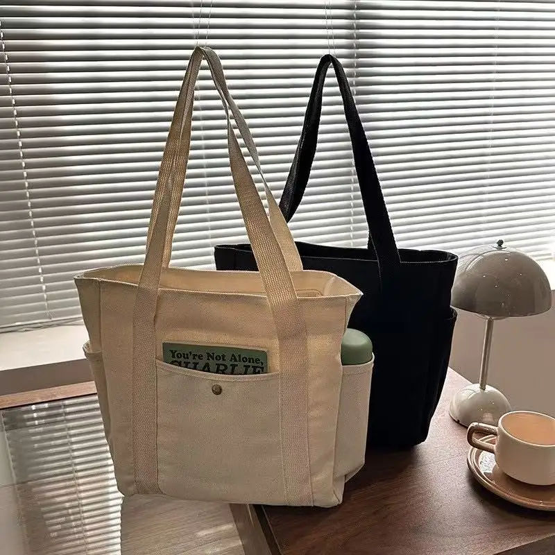 Canvas Women's Large Capacity Multiple Outer Pocket Zipper Shoulder Bag Student Handbag Shopping_voghion.com