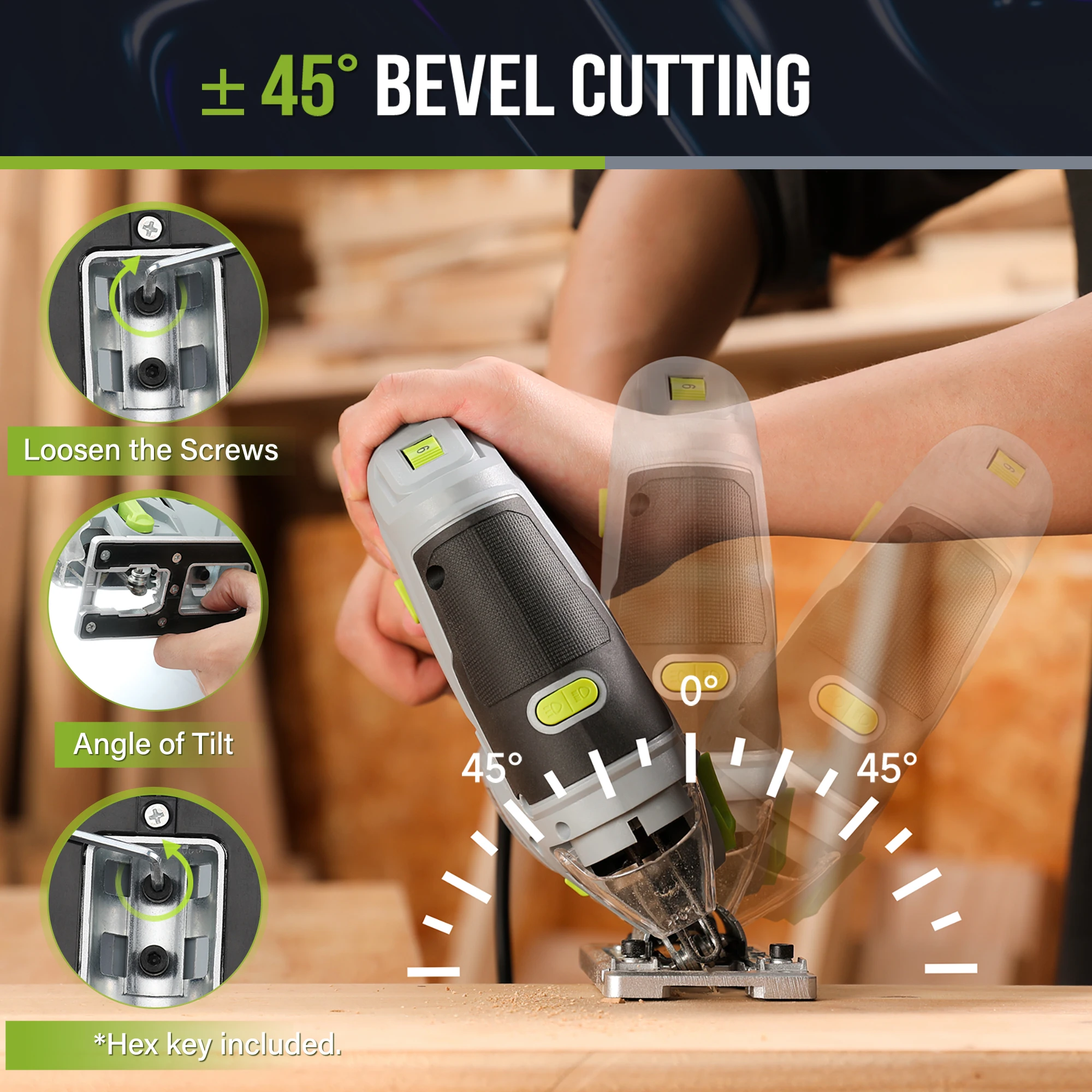 HYCHIKA Scie Sauteuse 800W, 800-3000SPM, 6 Vitesses Réglables, 4 Modes De Coupe Angle Inclinaison 45 6 Lames De Scie 90410035