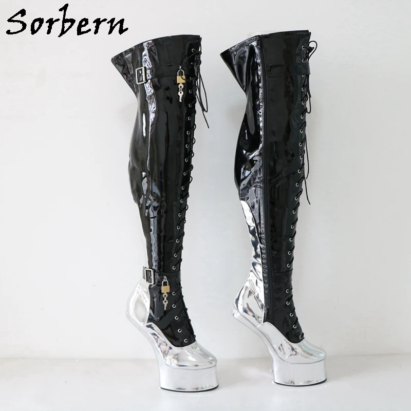 Sorbern Exotic Mid Thigh High Boots for Cosplay Women Heelless Horse Shoes Lace Up Fetish Shoes Platform Boot No Heels