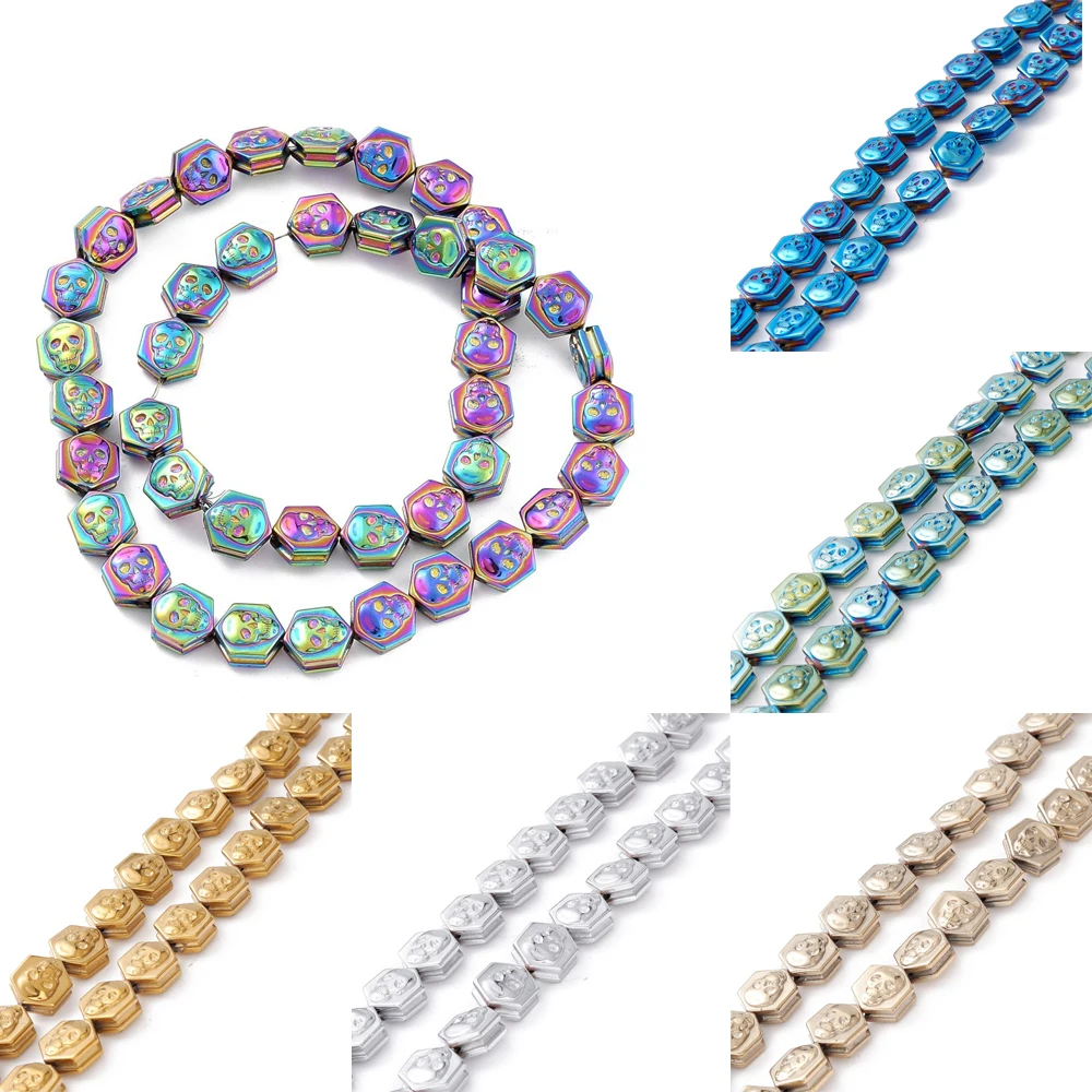 44 шт./нить, многоугольные синтетические немагнитные бусины из гематита с черепом, для изготовления ювелирных изделий на Хэллоуин