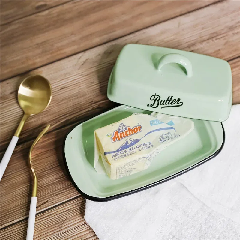 Retro Nostalgic Enamel Butter Box with Lid Snack Tray Home Kitchen Tableware Cheese Storage Box Butter Dish Cheese Plate butter storage box