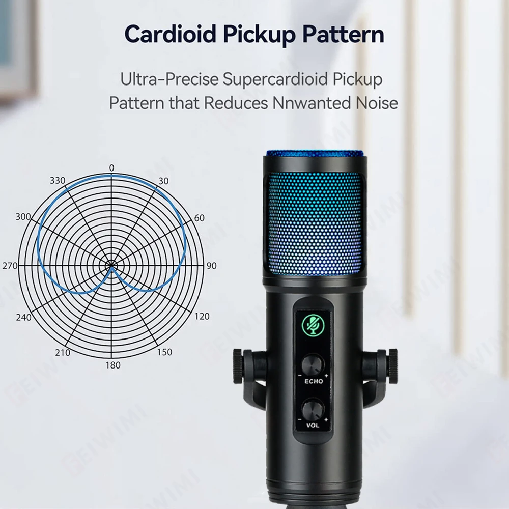 USB Microphone Mic RGB Colorful Lights Headphone Real-time Monitor Desktop Mic Stand for Smartphone Laptop Live Streaming Video