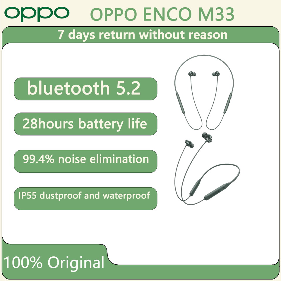 OPPO Original Enco M33 Wireless Earphones Sports Bluetooth 5.2 with AI 45dB Noise Reduction IP55 28H Battery Life