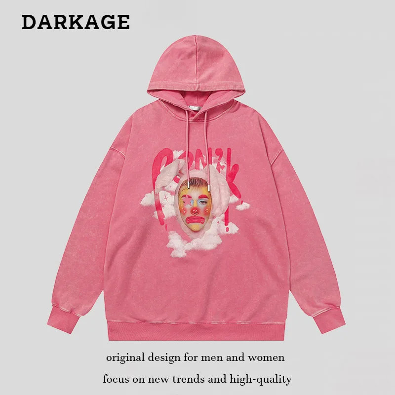 American Retro Clown Washed Old Hooded Sweatshirt Men's Autumn Street Hip-Hop Loose Couple Long-Sleeved Top Tide Clothing