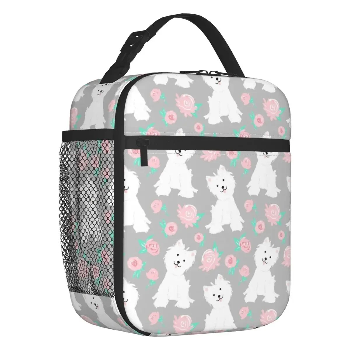 

Сумка для ланча West Highland White Terrier с изображением щенка и розовых цветов, Термосумка Westie холодильник с изображением собаки для бенто, для офиса, работы, школы