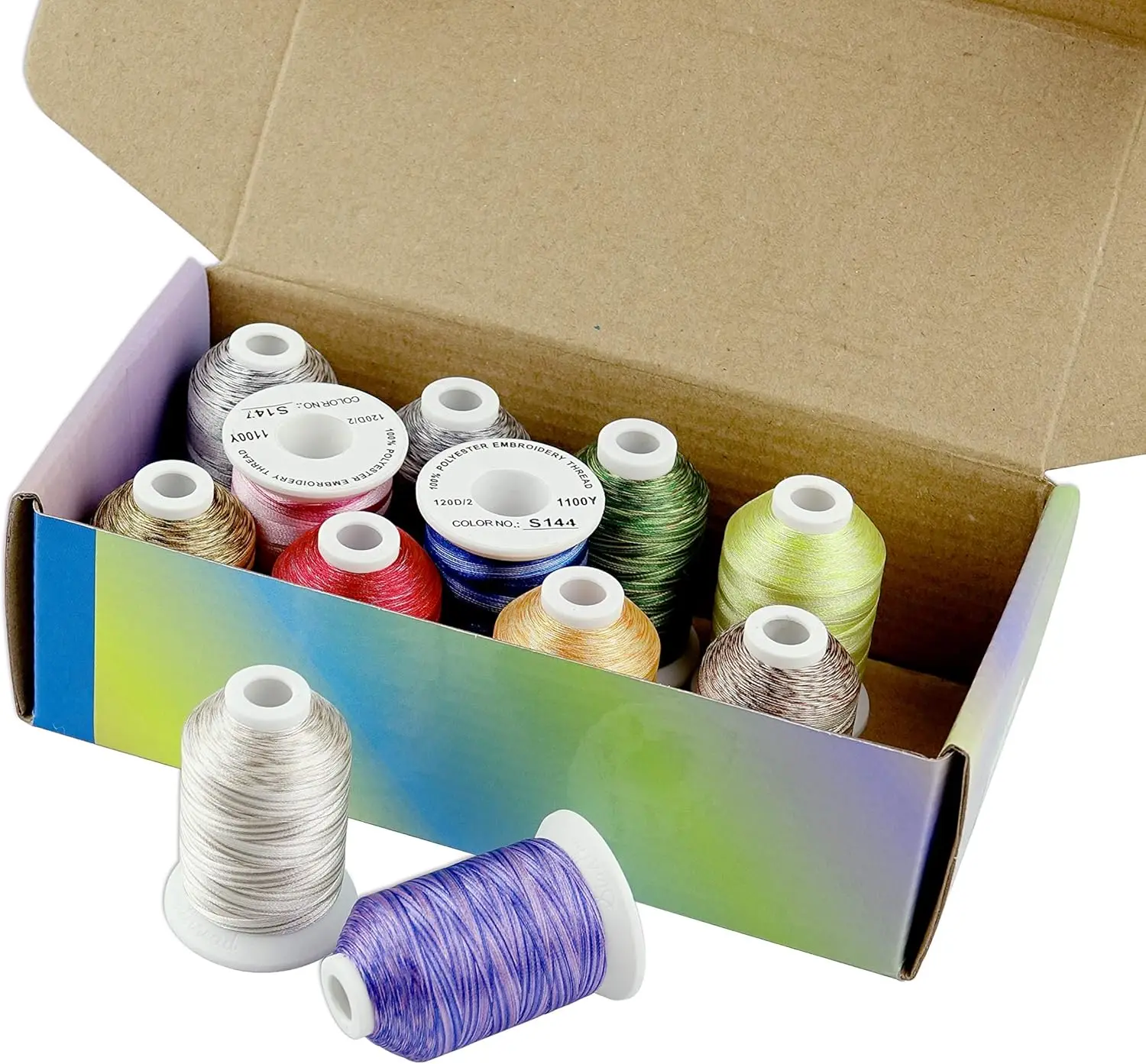 Vibrant Variegated Polyester Embroidery Thread Set - 12 Colors, 1100 Yards Each
