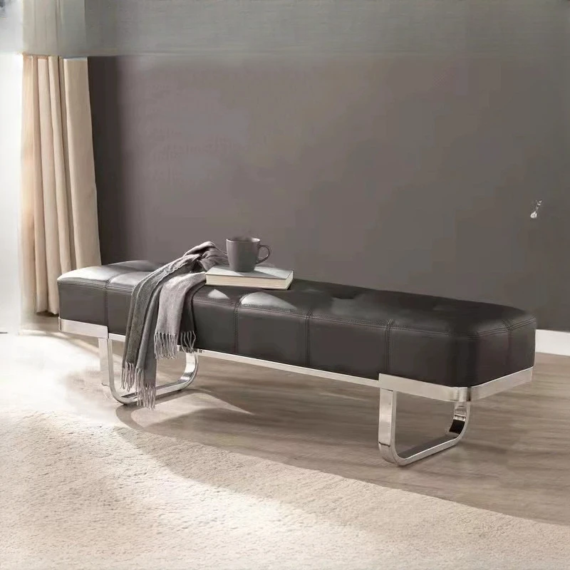 

Stainless steel luxury leather bed tail stool, modern and simple long strip shoe changing stool, cloakroom, clothing store, rest