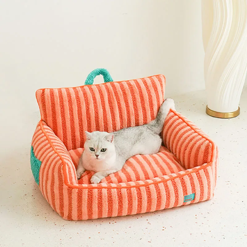 

Striped Pet Bed Warm Cat Bed Four Seasons Universal Removable And Washable Cute Pet Sofa Cat Nest Soft Velvet Cushion
